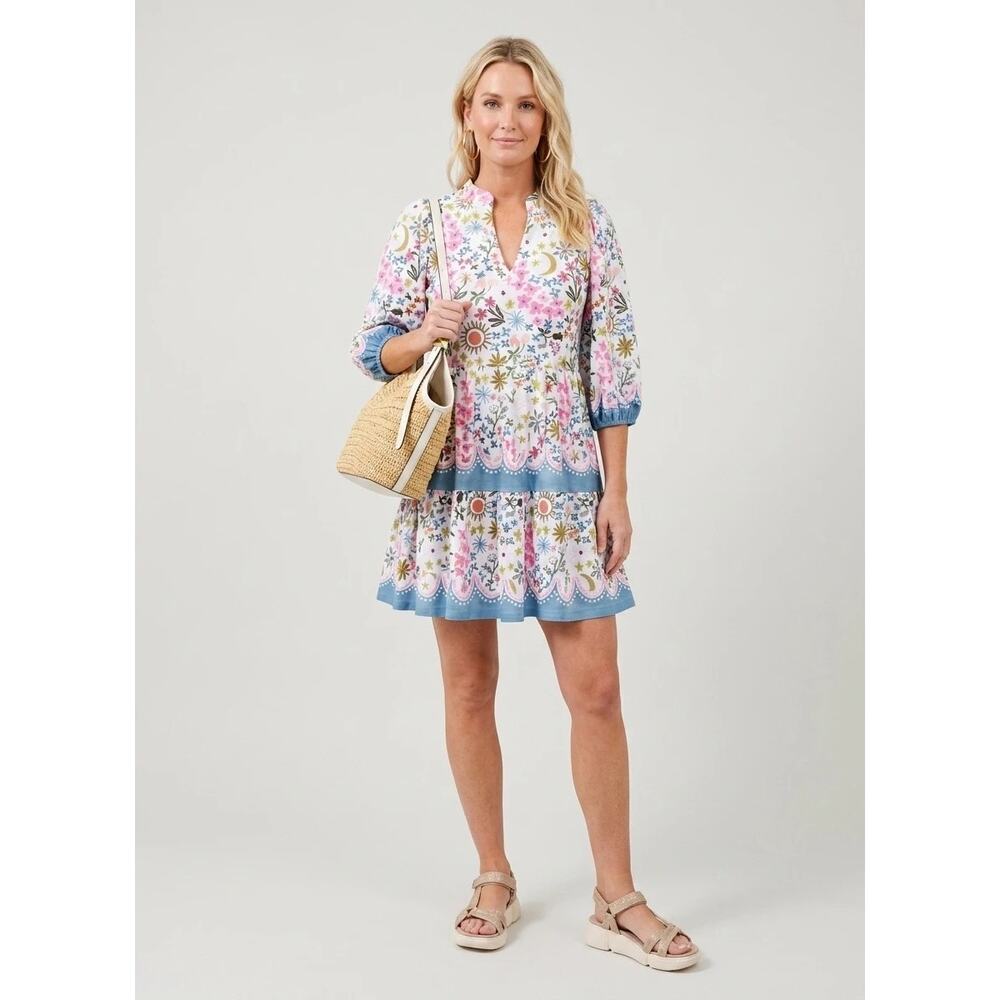 Smith & Quinn Pink Blue Floral Sun Multi Color La Lune Mini Dress Size Large